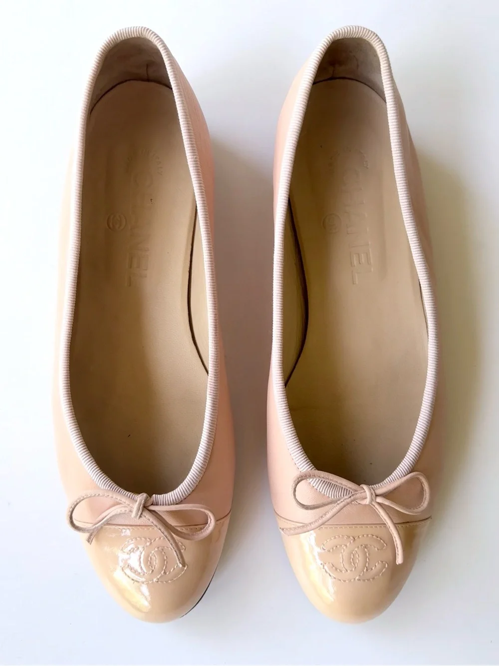 CHANEL Light Pink Leather Ballet Flats Patent CC Logo Cap Toe Size 38